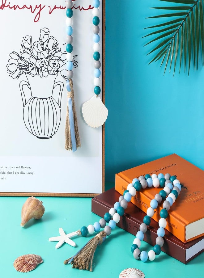 Zelphvt 2 PCS Farmhouse Seashell Bead Garland with Tassels Coastal Tiered Tray Decorations Set Wood Decorative Bead Garland Nautical Boho Home Decor for Kitchen and Living Room - Image 4